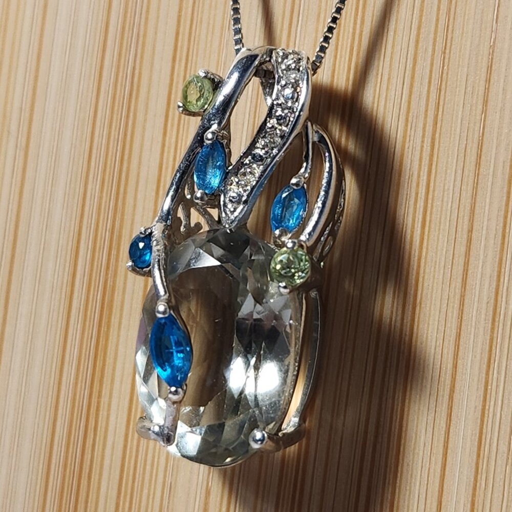 VTG 925 Natural Prasolite / Green Amethyst w/ Neon Apatite & Peridot Pendant 18" - Picture 3 of 11